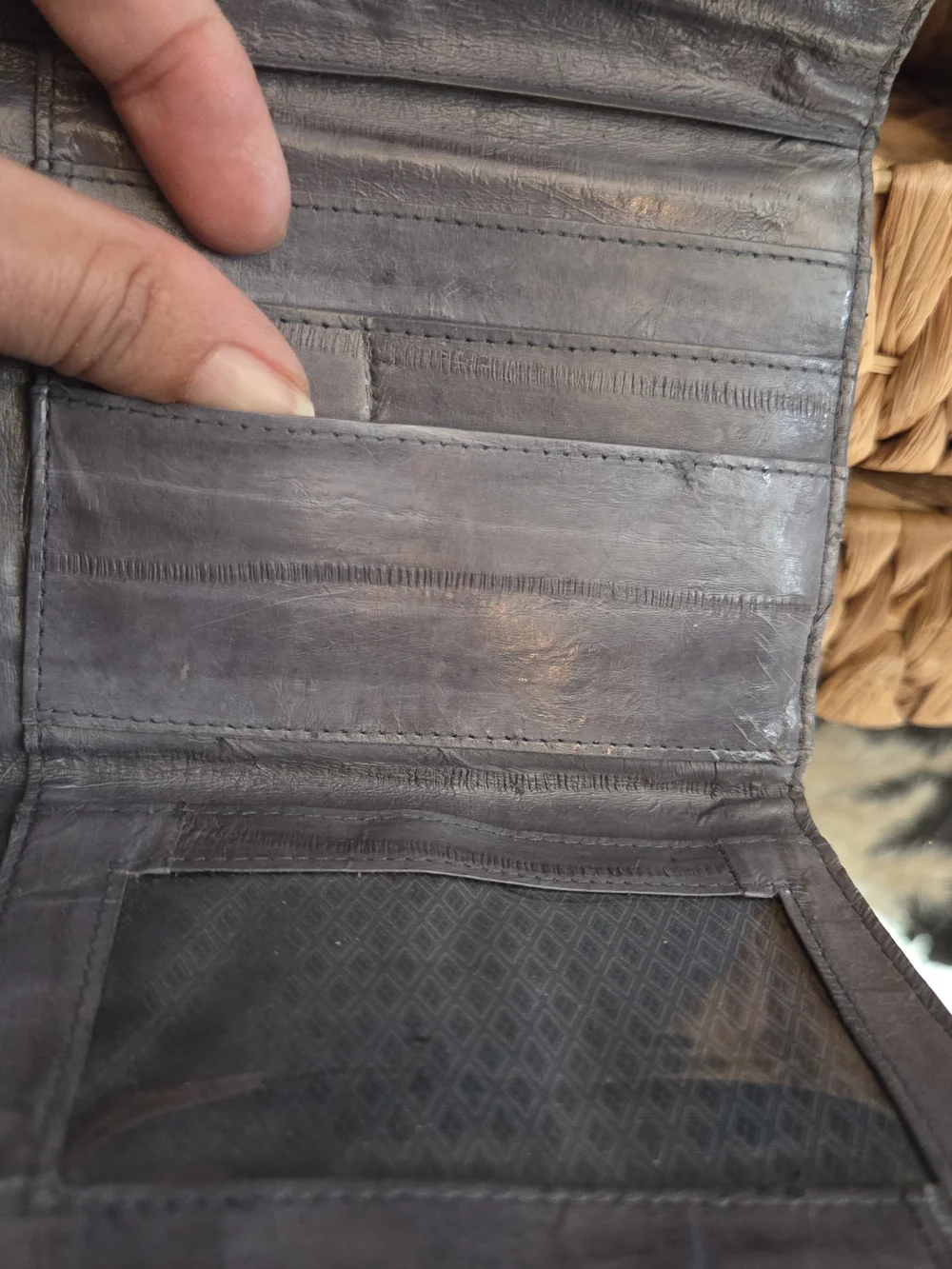 Vintage Genuine Eel Skin Leather Wallet Clutch Gray Korea Gold Frame